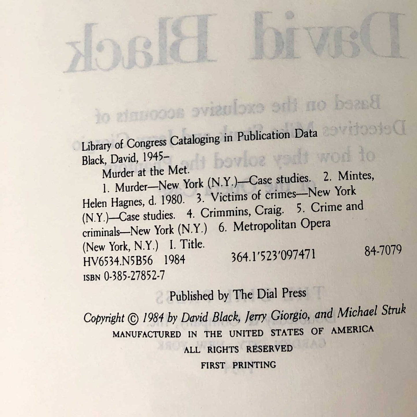 Murder at the Met by David Black [FIRST EDITION • FIRST PRINTING] 1984