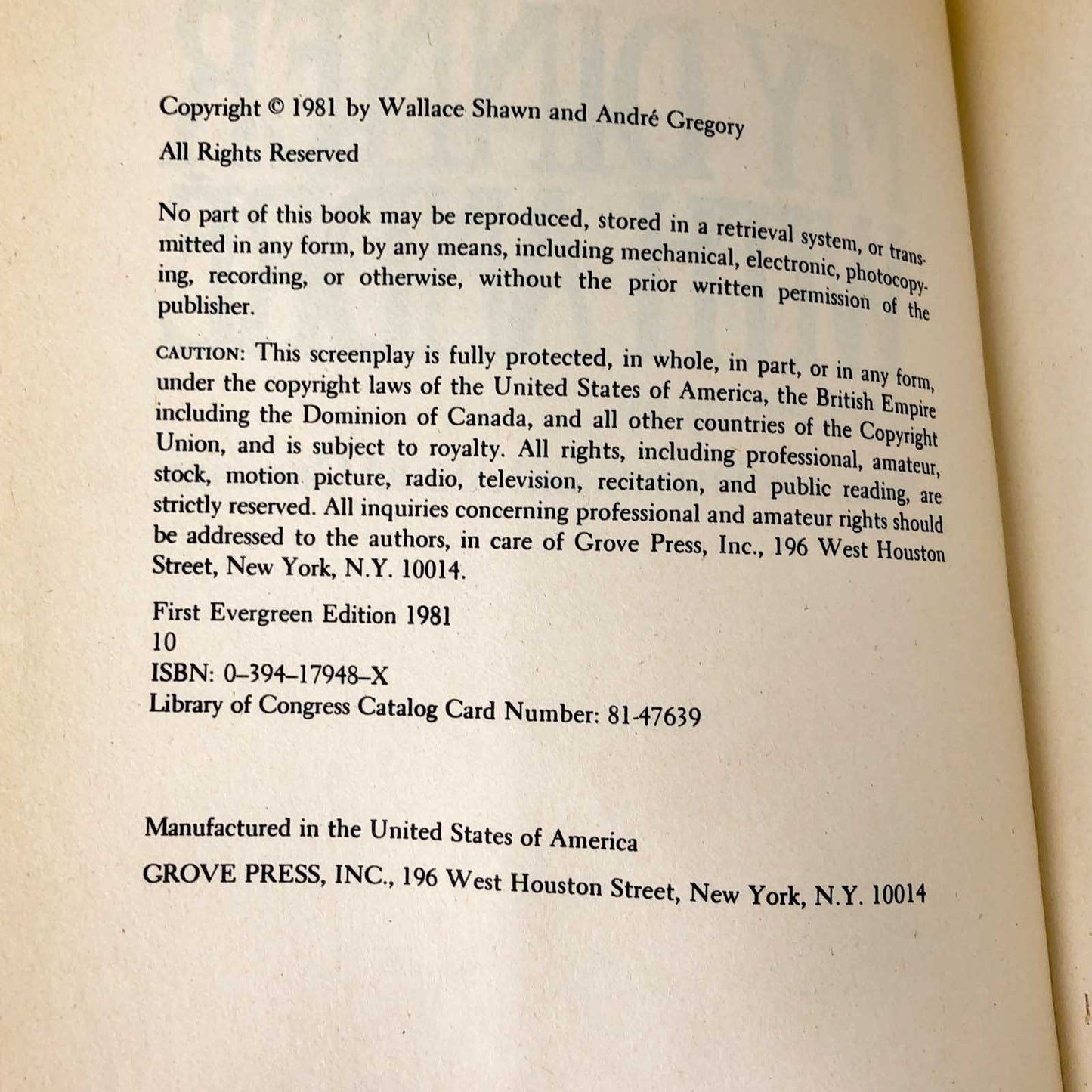 My Dinner With André by Wallace Shawn & André Gregory [FIRST EDITION PAPERBACK] 1981