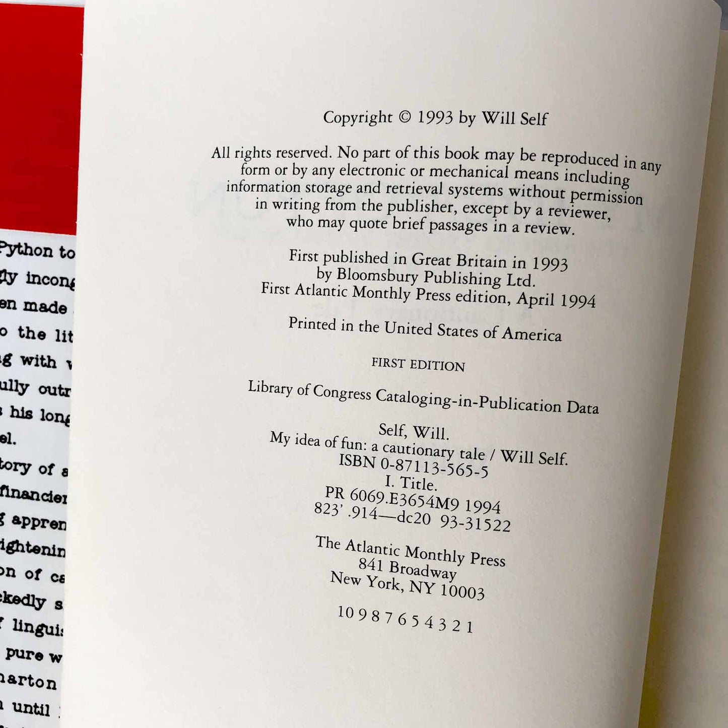 My Idea of Fun by Will Self [FIRST EDITION / 1993]