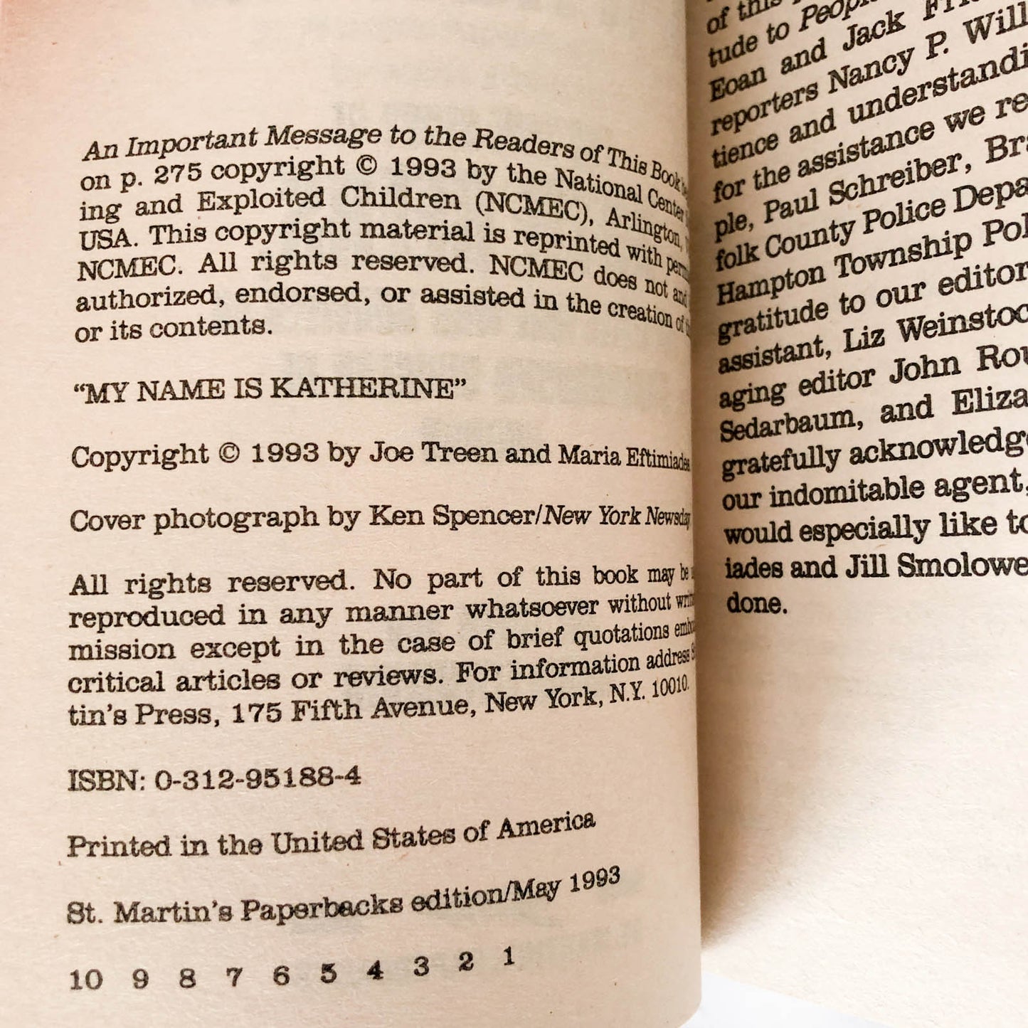 My Name Is Katherine: The True Story of Katie Beers by Maria Eftimiades [1993 PAPERBACK]