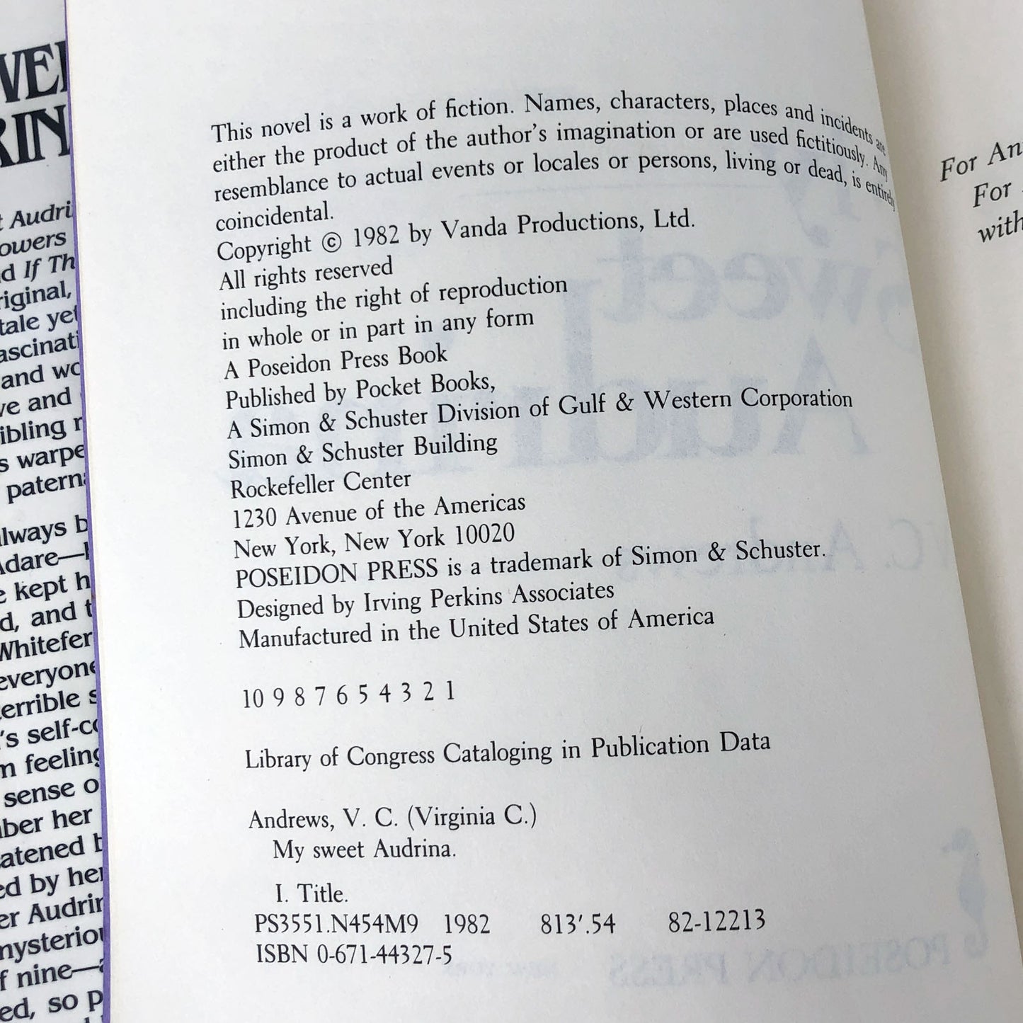 My Sweet Audrina by V.C. Andrews [FIRST EDITION • FIRST PRINTING] 1982