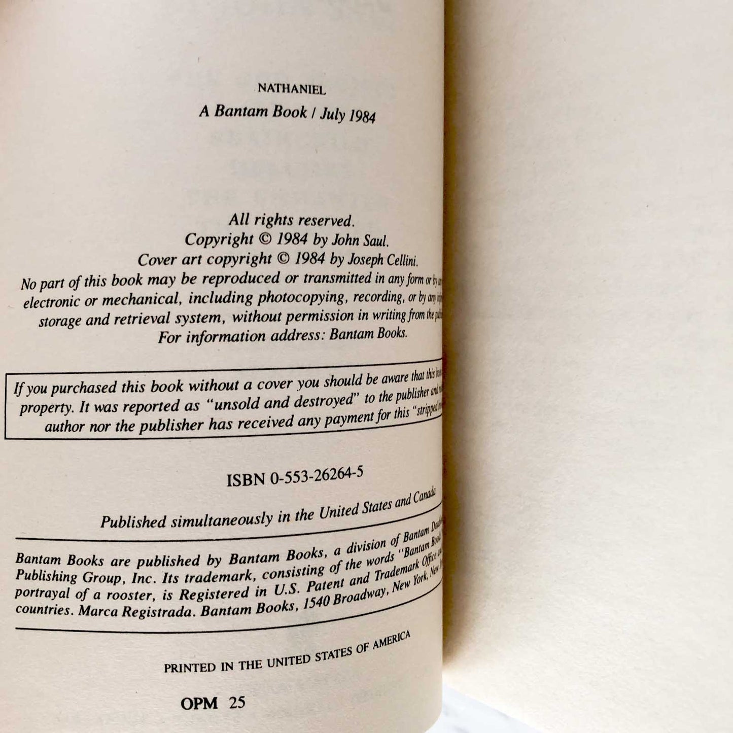 Nathaniel by John Saul [1984 PAPERBACK]