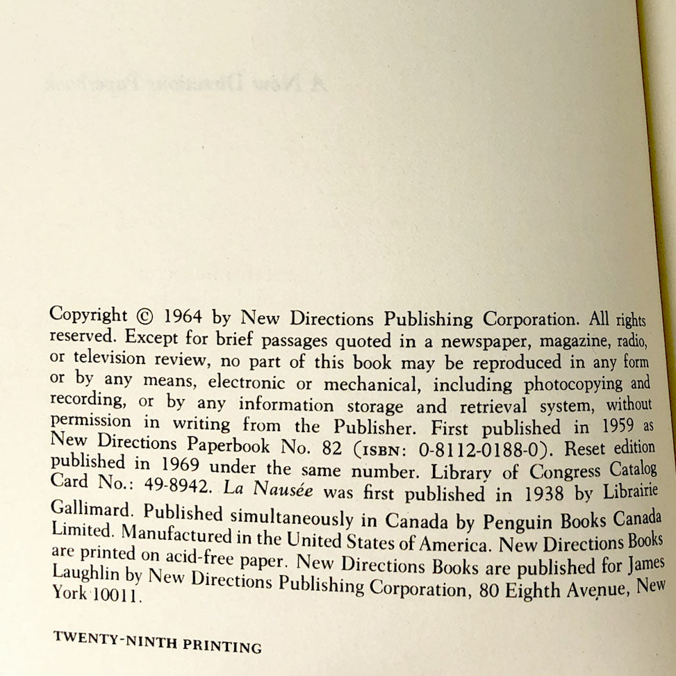Nausea by Jean-Paul Sartre [VINTAGE TRADE PAPERBACK] • New Directions