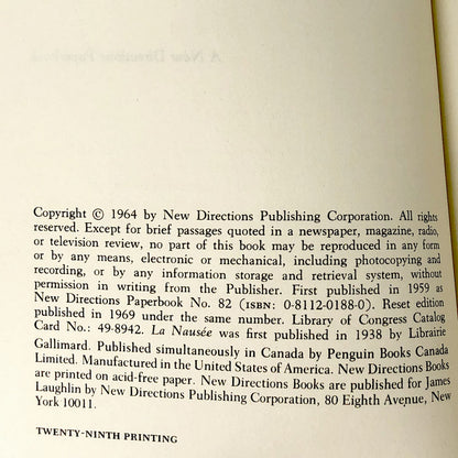 Nausea by Jean-Paul Sartre [VINTAGE TRADE PAPERBACK] • New Directions
