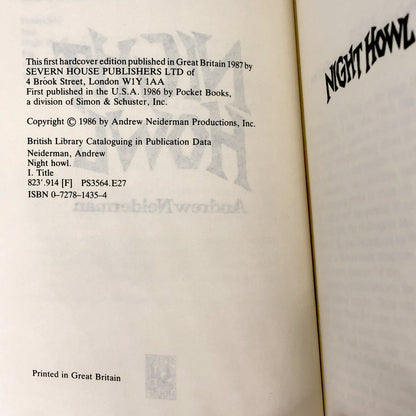 Night Howl by Andrew Neiderman [U.K. HARDCOVER FIRST EDITION] 1986 • Severn House
