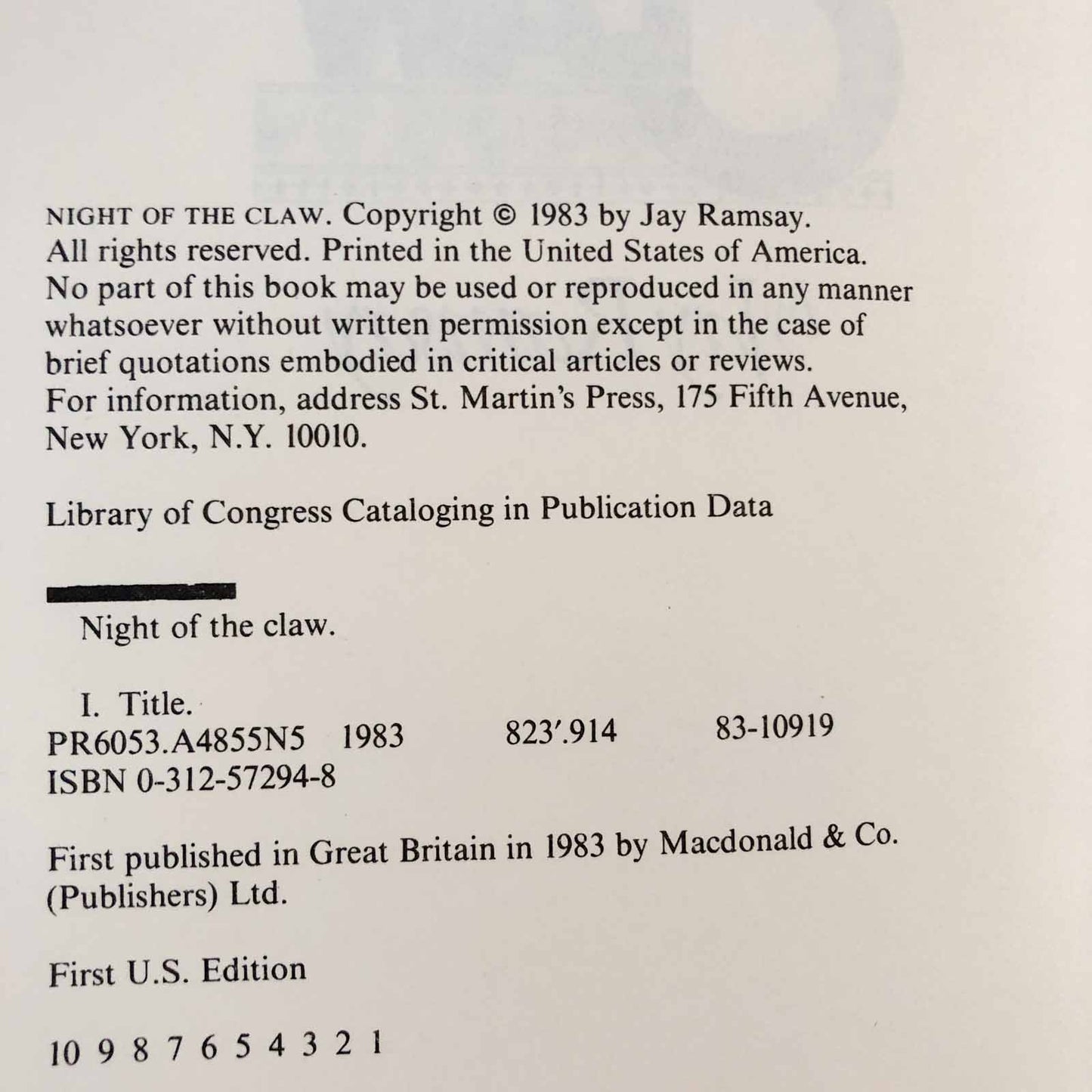 Night of the Claw by Ramsey Campbell "aka Jay Ramsay" [FIRST EDITION • FIRST PRINTING] 1983