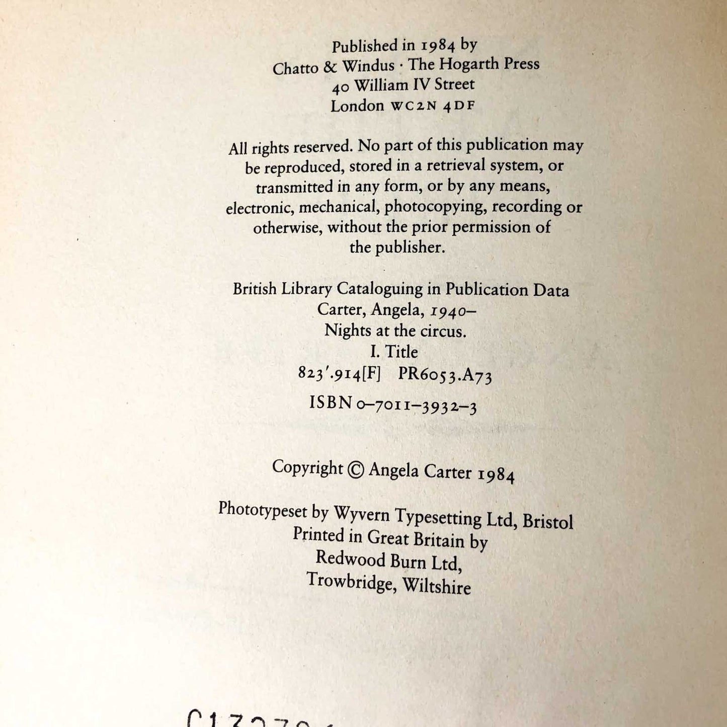 Nights at the Circus by Angela Carter [U.K. FIRST EDITION / FIRST PRINTING] 1984