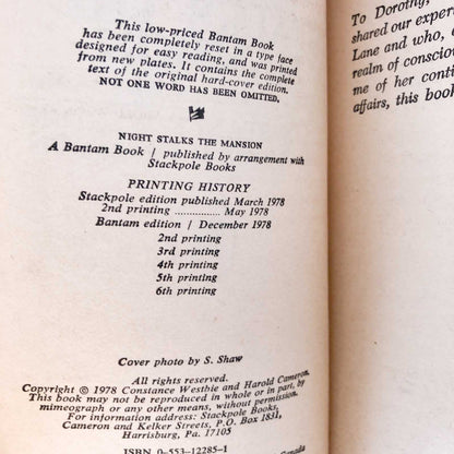 Night Stalks the Mansion: A True Story of One Family's Ghostly Adventure by Harold Cameron & Constance Westbie SIGNED! [1978 PAPERBACK]