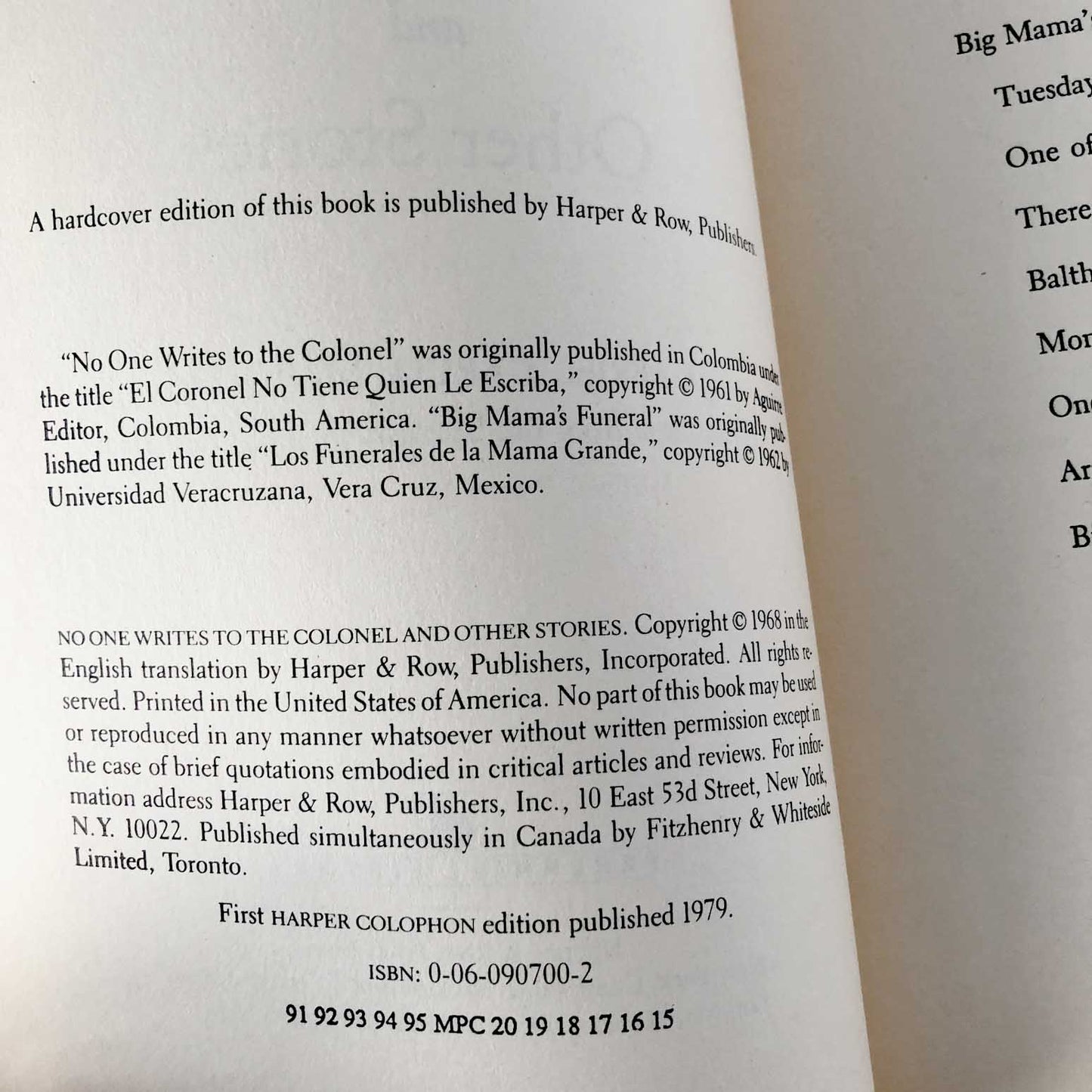 No One Writes to the Colonel & Other Stories by Gabriel Garcia Marquez [TRADE PAPERBACK] 1979 • Perennial Library