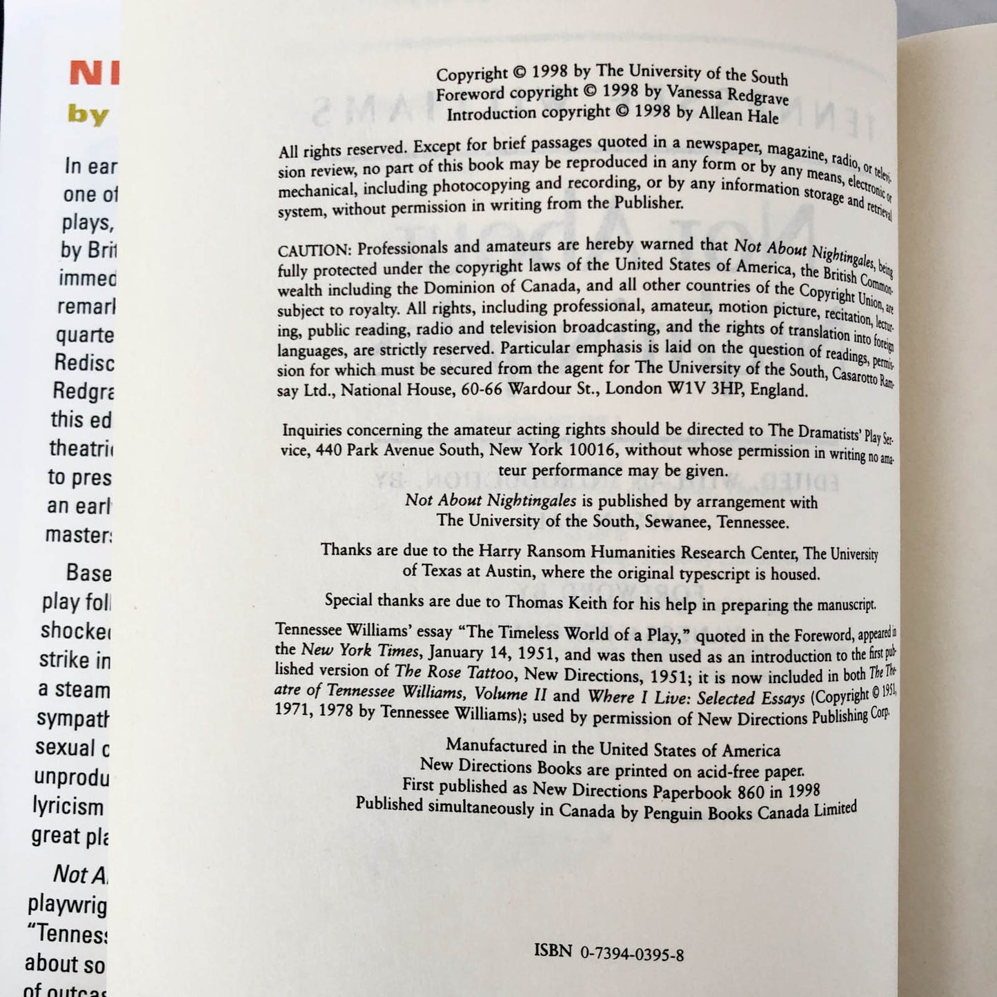 Not About Nightingales by Tennessee Williams [1998 HARDCOVER]