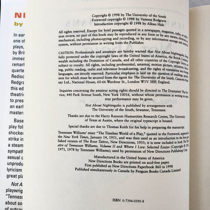 Not About Nightingales by Tennessee Williams [1998 HARDCOVER]