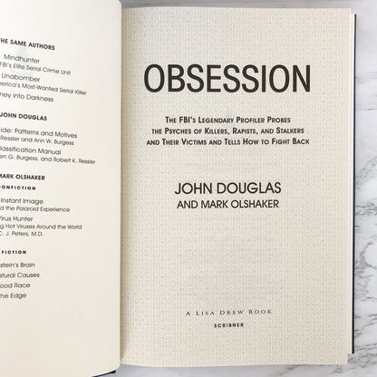 Obsession by John Douglas & Mark Olshaker [FIRST EDITION / FIRST PRINTING] 1998 / Mindhunter #3