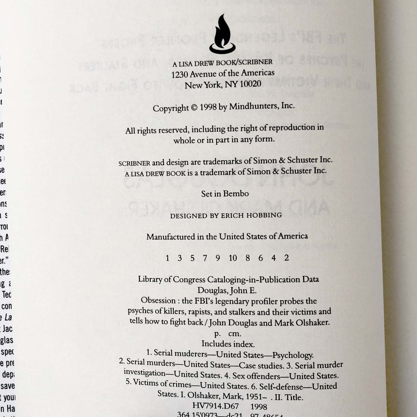 Obsession by John Douglas & Mark Olshaker [FIRST EDITION / FIRST PRINTING] 1998 / Mindhunter #3