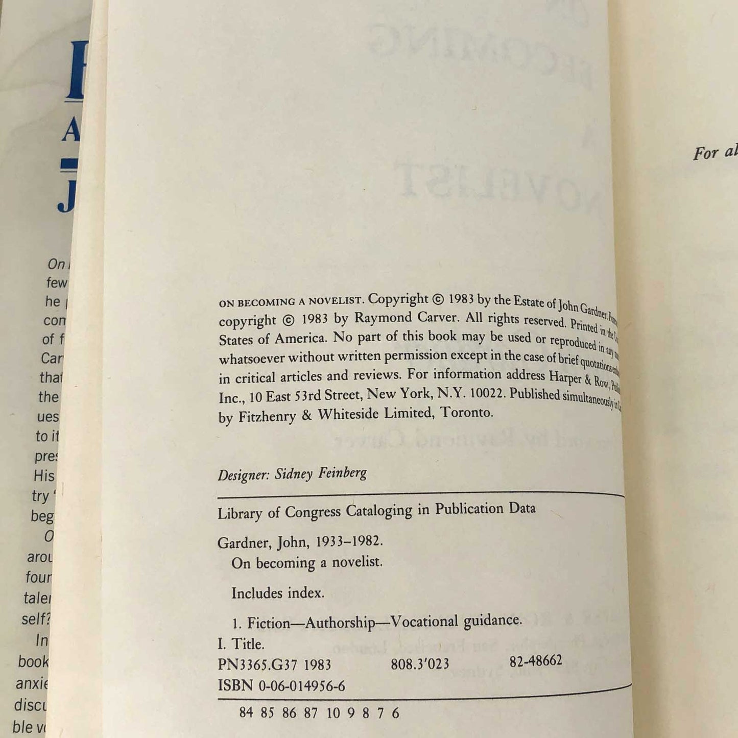 On Becoming a Novelist by John Gardner w. foreword by Raymond Carver [FIRST EDITION] 1983