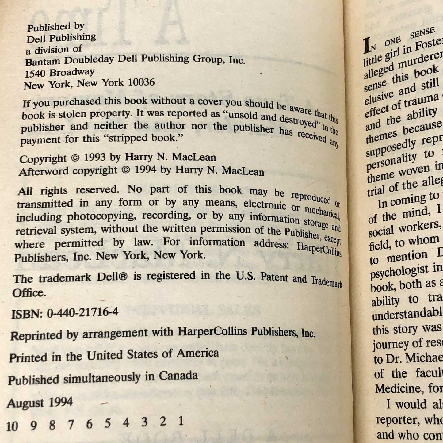 Once Upon a Time: A True Story of Memory, Murder & the Law by Harry MacLean [FIRST PAPERBACK PRINTING] 1994