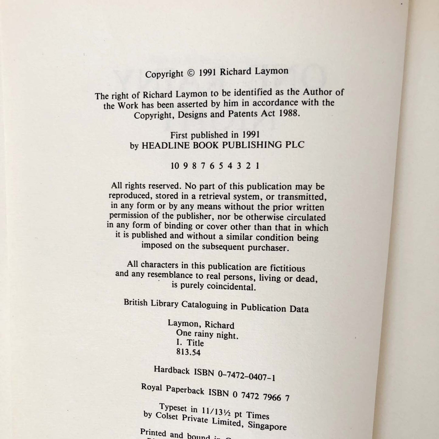 One Rainy Night by Richard Laymon [1991 U.K. FIRST EDITION / FIRST PRINTING]