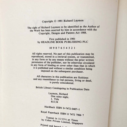 One Rainy Night by Richard Laymon [1991 U.K. FIRST EDITION / FIRST PRINTING]