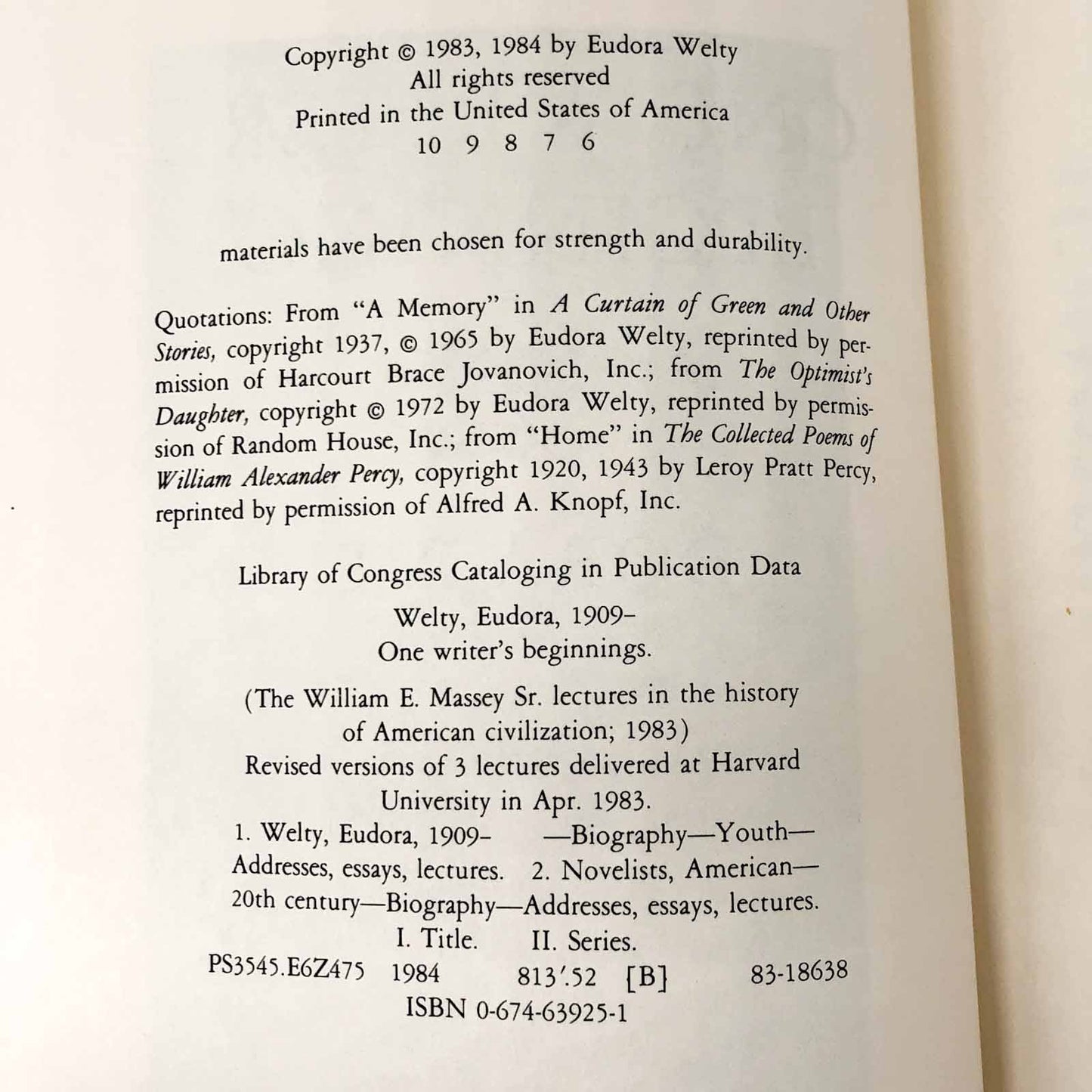 One Writer's Beginnings by Eudora Welty [FIRST EDITION] 1984