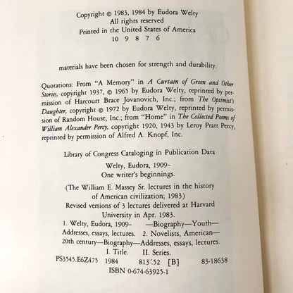 One Writer's Beginnings by Eudora Welty [FIRST EDITION] 1984