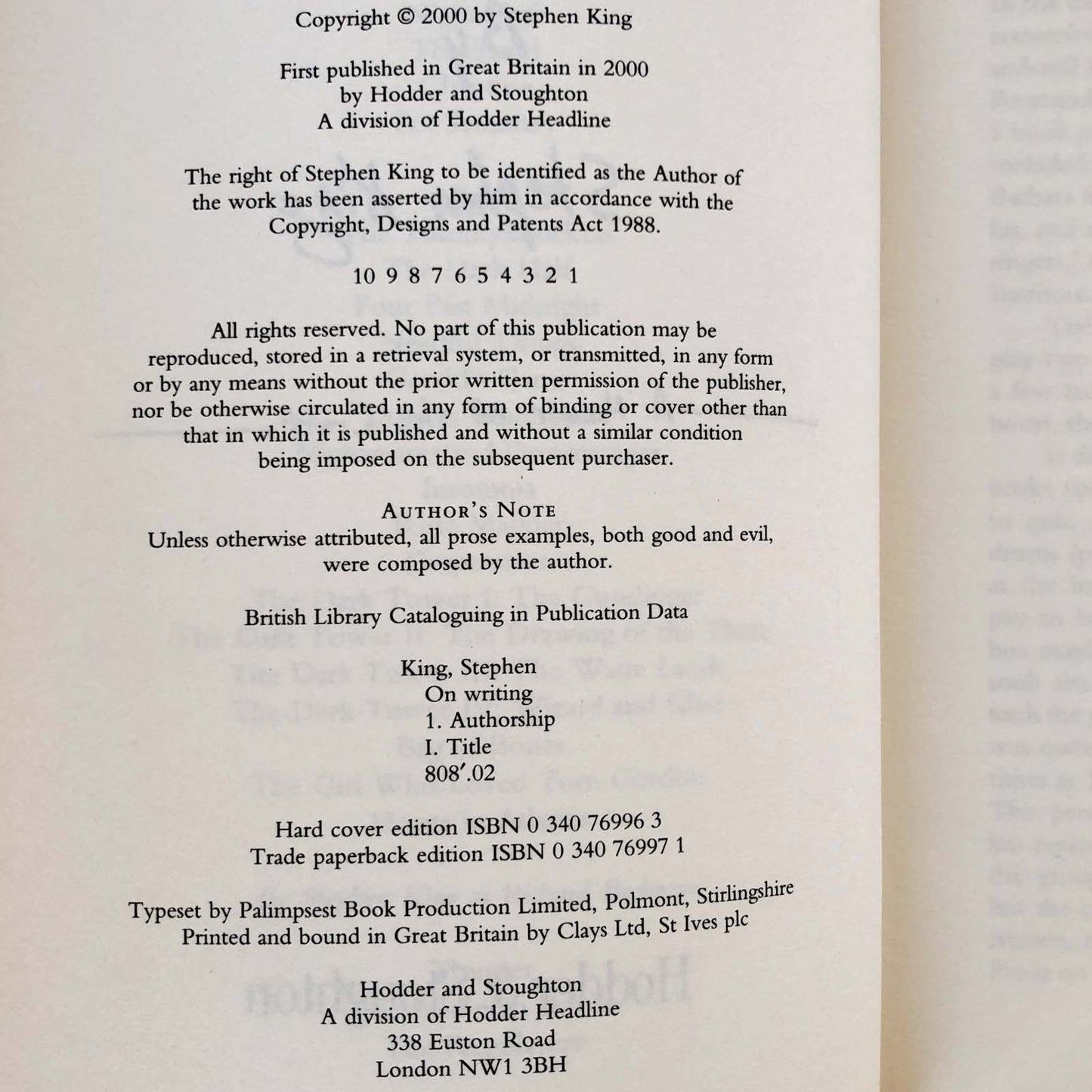 On Writing: A Memoir of the Craft by Stephen King [U.K. FIRST EDITION / FIRST PRINTING] 2000