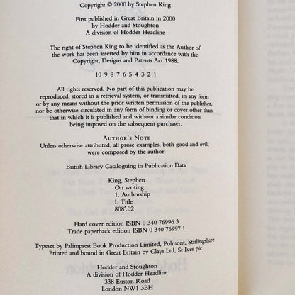 On Writing: A Memoir of the Craft by Stephen King [U.K. FIRST EDITION / FIRST PRINTING] 2000