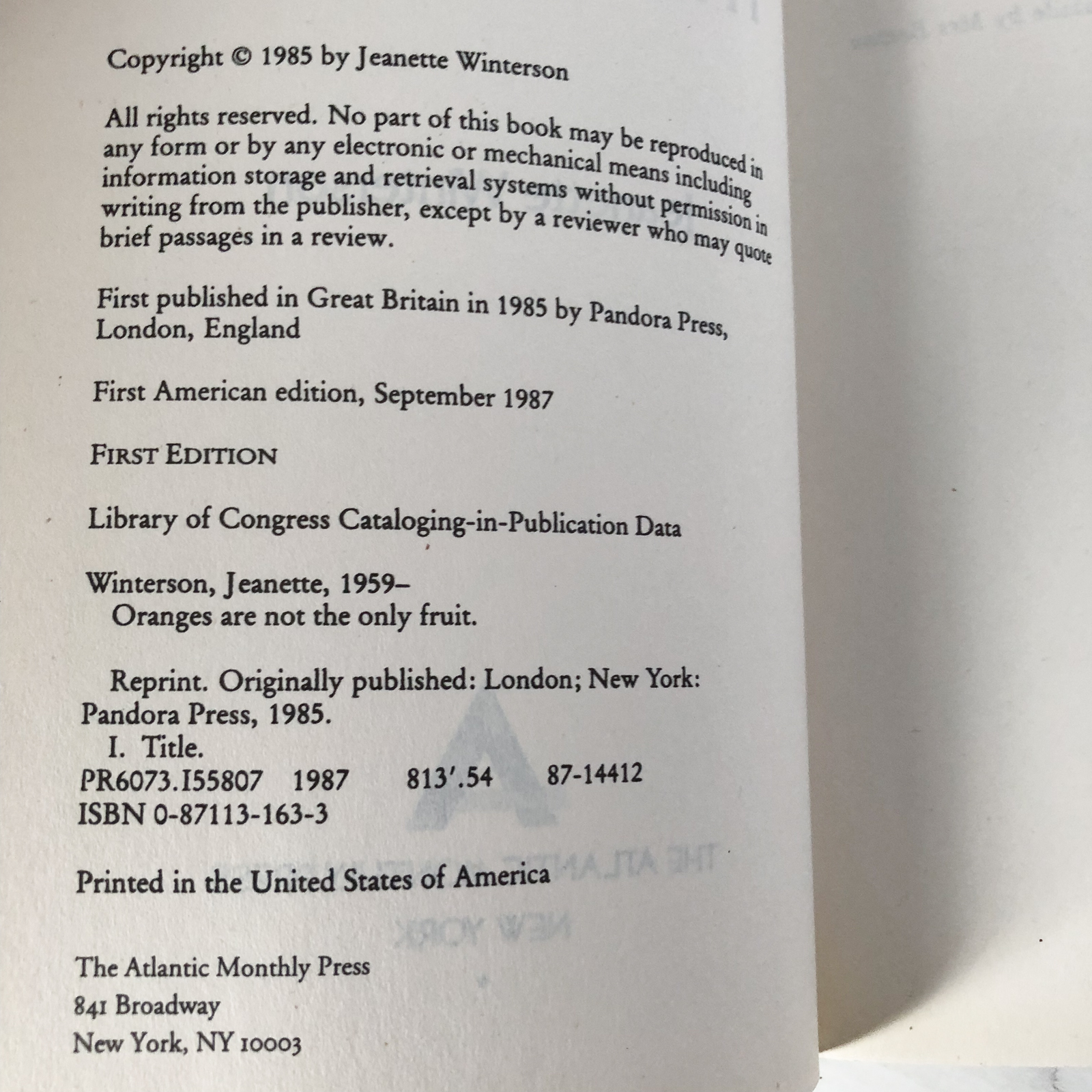 Oranges Are Not the Only Fruit by Jeanette Winterson [FIRST EDITION PAPERBACK / 1987] - Bookshop Apocalypse