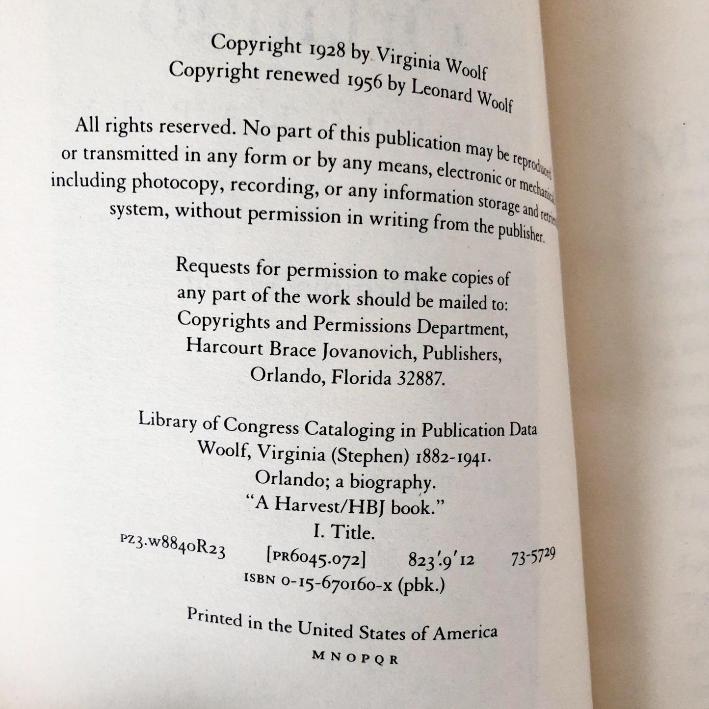 Orlando by Virginia Woolf [TRADE PAPERBACK / 1973] Harcourt