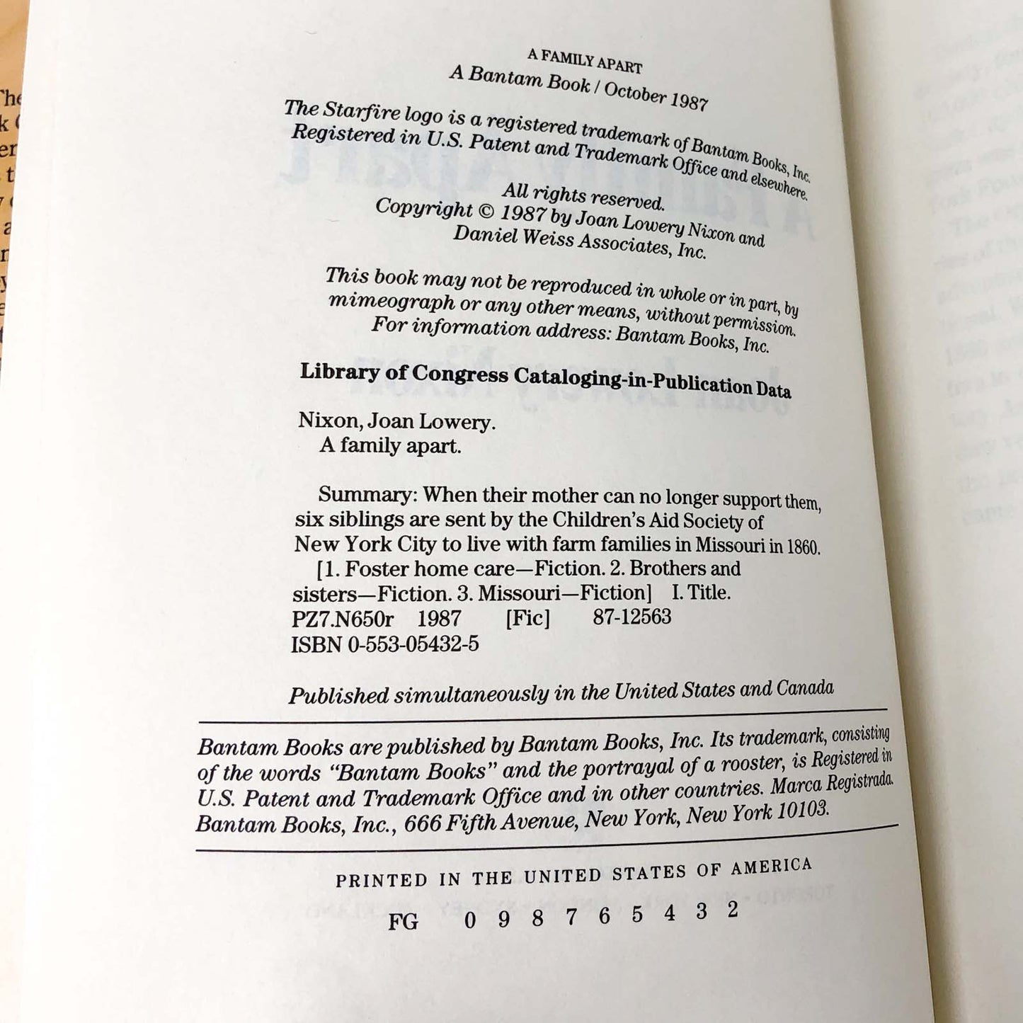 A Family Apart by Joan Lowery Nixon SIGNED! [FIRST EDITION] 1987 • Orphan Train #1