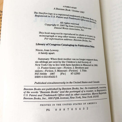 A Family Apart by Joan Lowery Nixon SIGNED! [FIRST EDITION] 1987 • Orphan Train #1