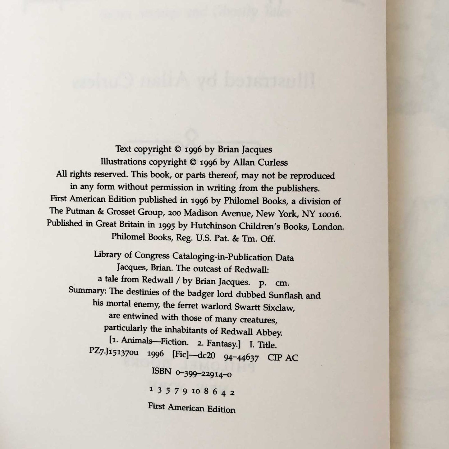 Outcast of Redwall by Brian Jacques SIGNED! [FIRST EDITION / FIRST PRINTING] 1996