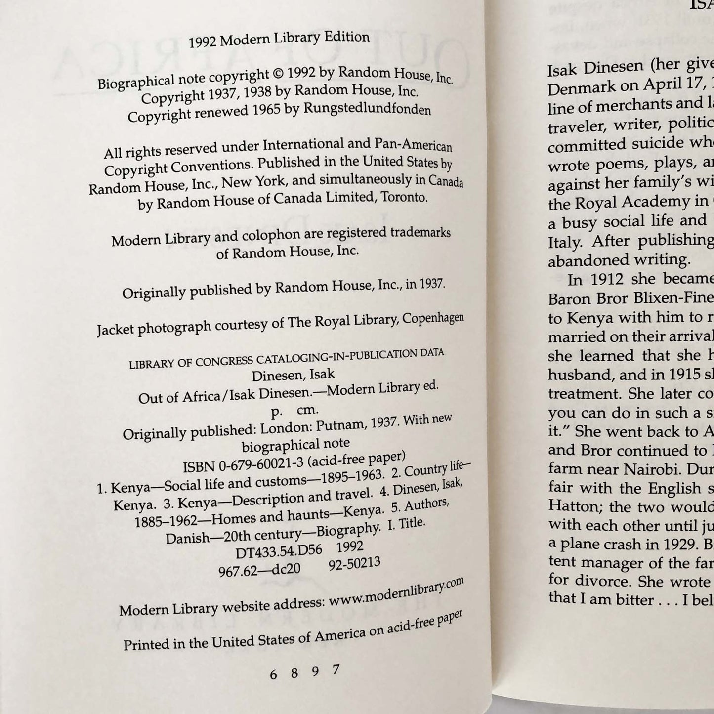 Out of Africa by Isak Dinesen [THE MODERN LIBRARY] 1992