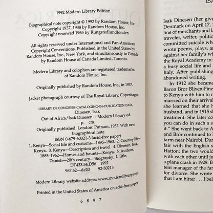 Out of Africa by Isak Dinesen [THE MODERN LIBRARY] 1992