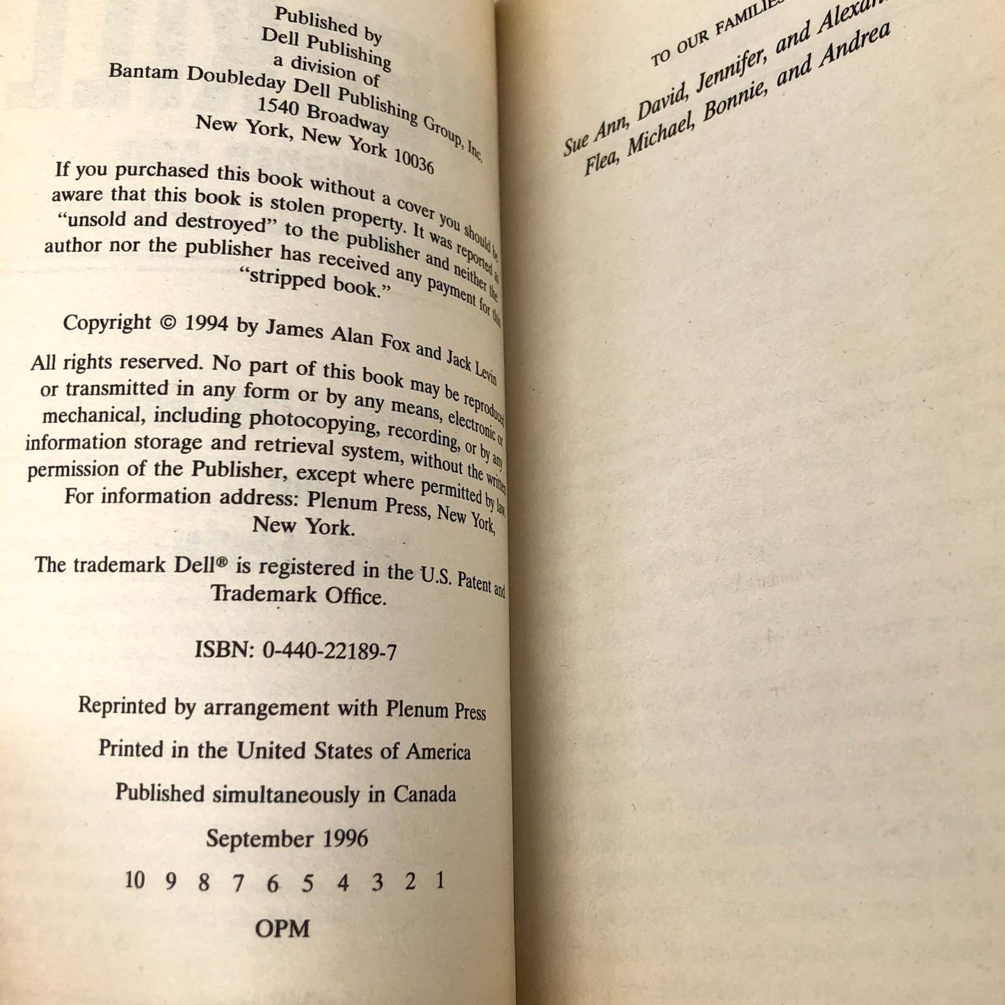 Overkill: Mass Murder & Serial Killing Exposed by James Alan Fox & Jack Levin [FIRST PAPERBACK PRINTING] 1996