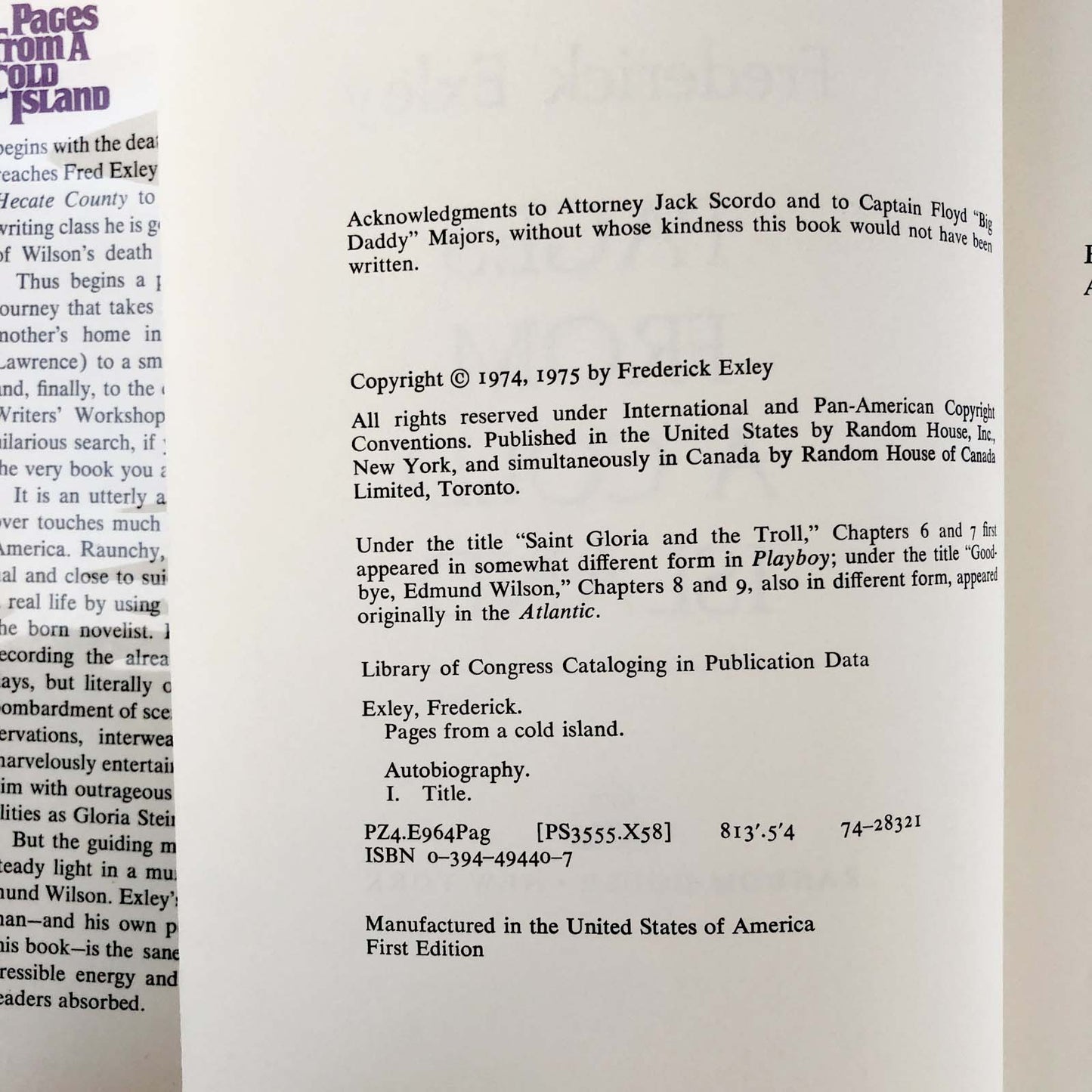 Pages from a Cold Island by Frederick Exley [FIRST EDITION • FIRST PRINTING] 1975