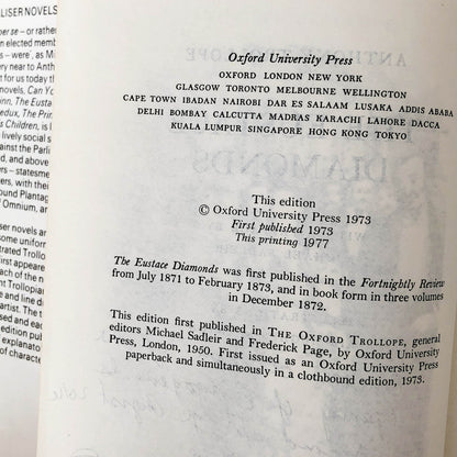 The Eustace Diamonds: A Palliser Novel by Anthony Trollope [OXFORD HARDCOVER / 1971]