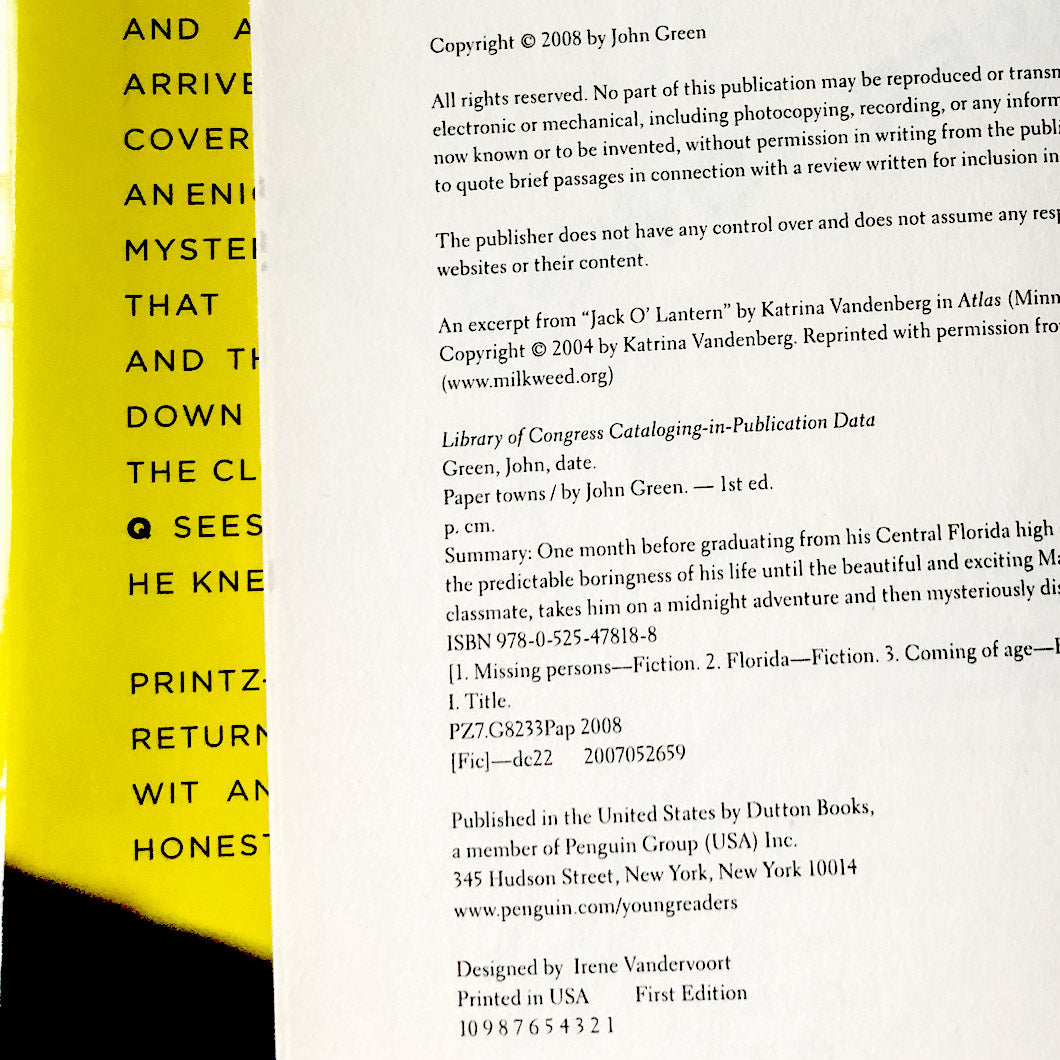 Paper Towns by John Green [FIRST EDITION / FIRST PRINTING]