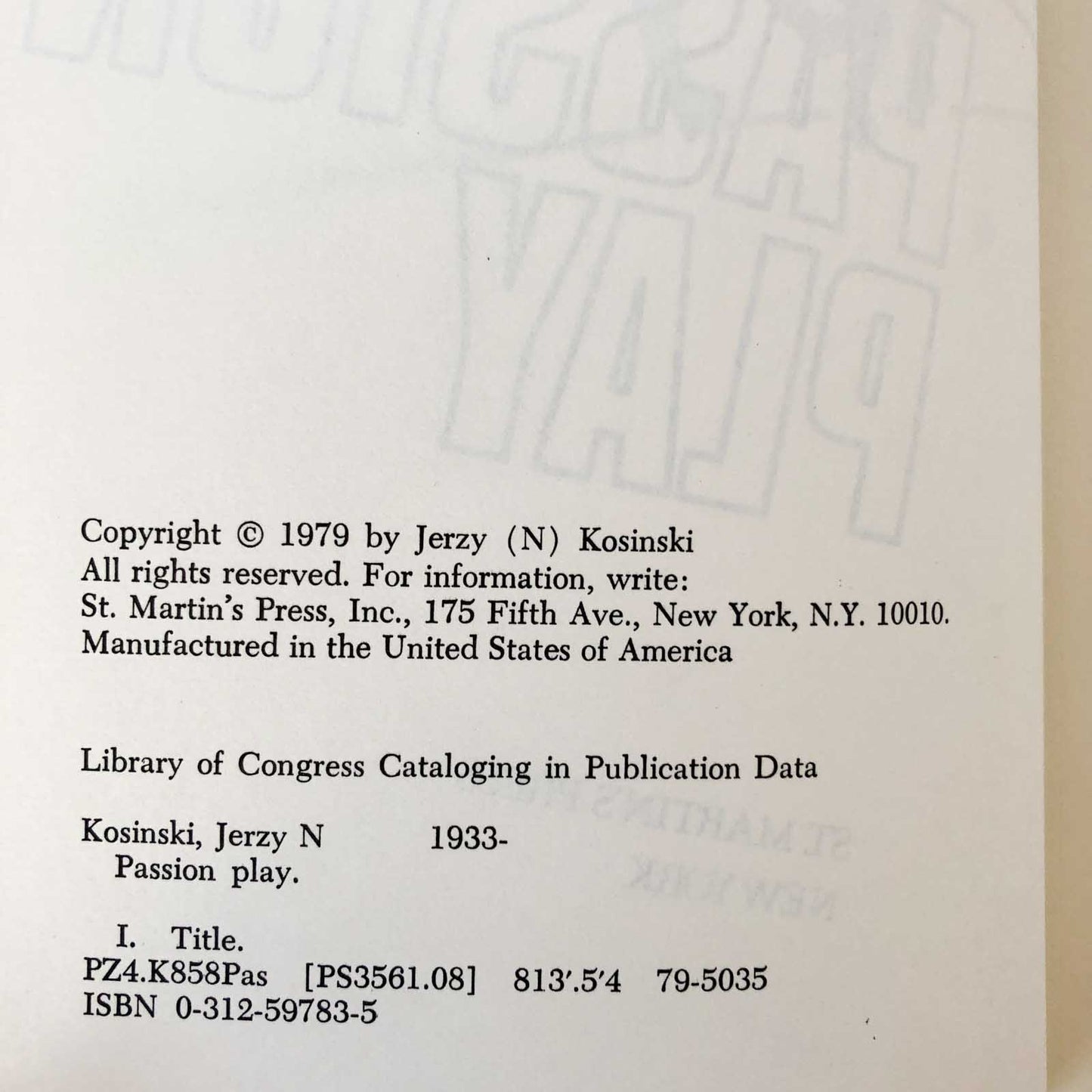 Passion Play by Jerzy Kosiński [FIRST EDITION / FIRST PRINTING] 1979