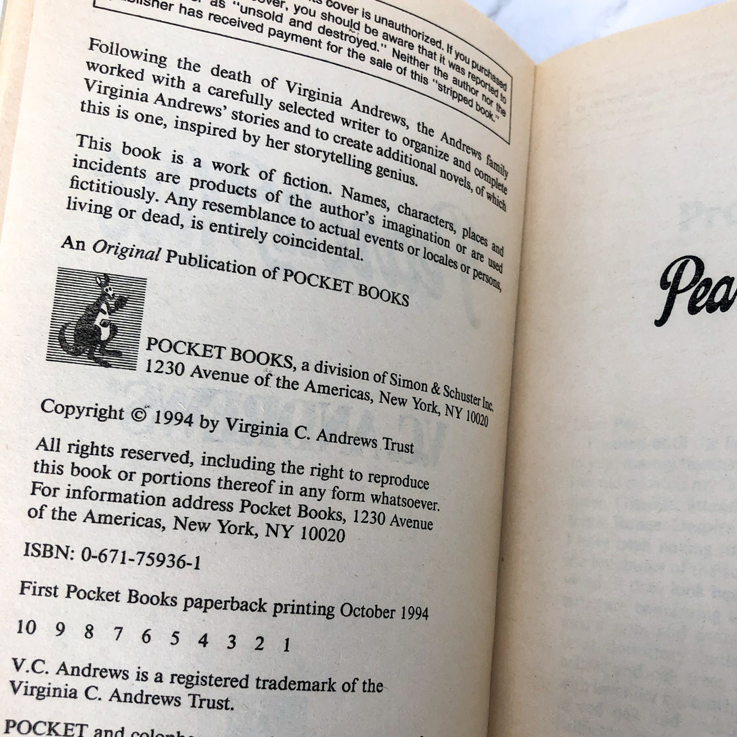 Pearl in the Mist by V.C. Andrews [FIRST PAPERBACK PRINTING] 1994