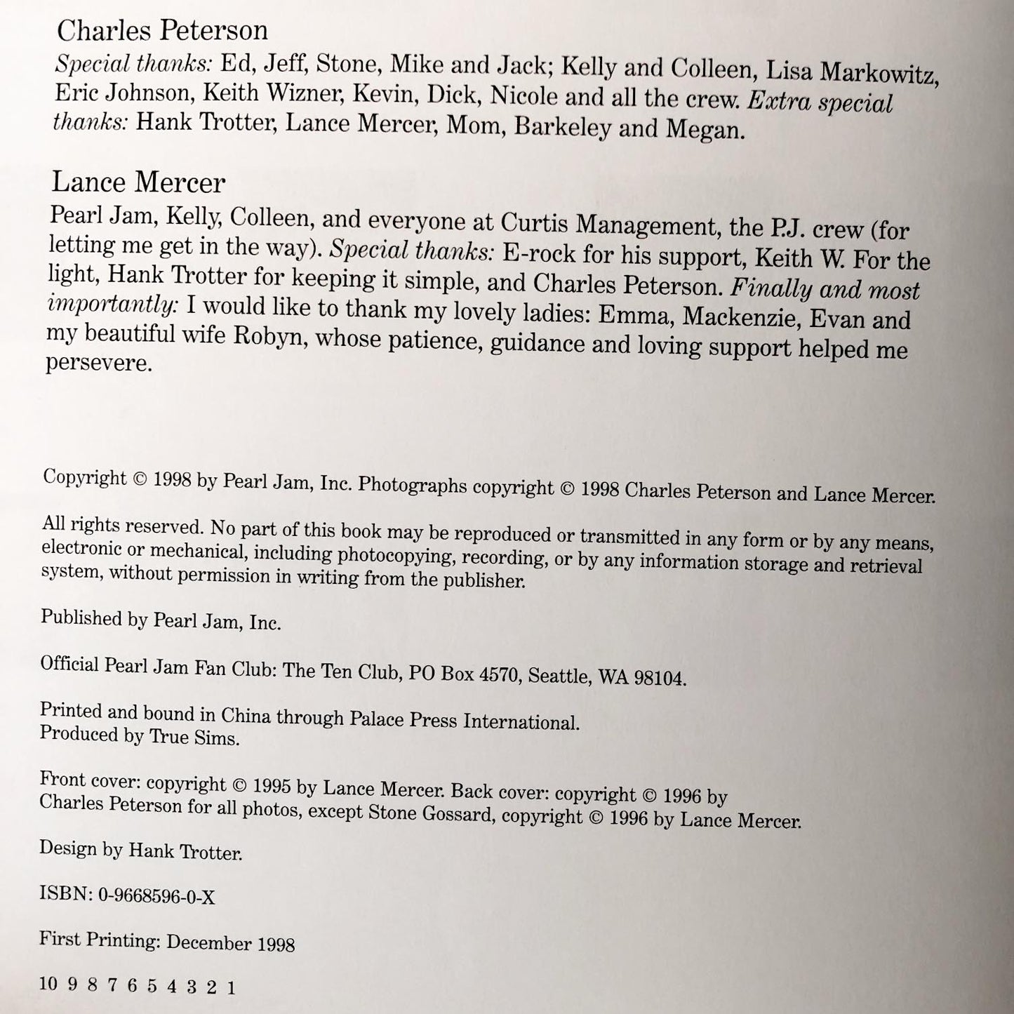 Pearl Jam: Place/Date by Lance Mercer & Charles Peterson [FIRST EDITION / FIRST PRINTING] 1998