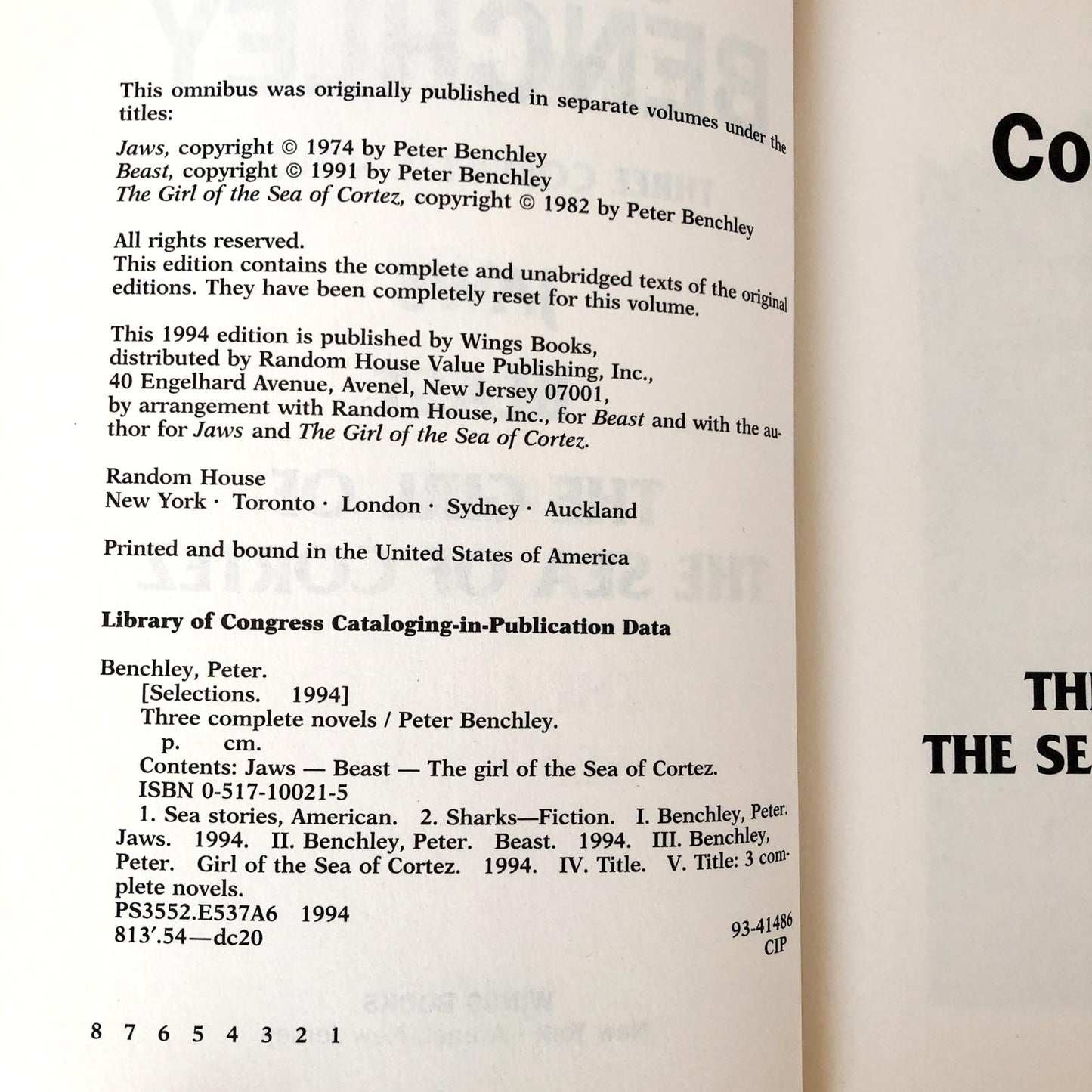 Three Complete Novels by Peter Benchley [1994 HARDCOVER OMNIBUS] Jaws, Beast, The Girl of the Sea of Cortez