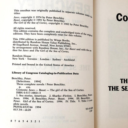 Three Complete Novels by Peter Benchley [1994 HARDCOVER OMNIBUS] Jaws, Beast, The Girl of the Sea of Cortez