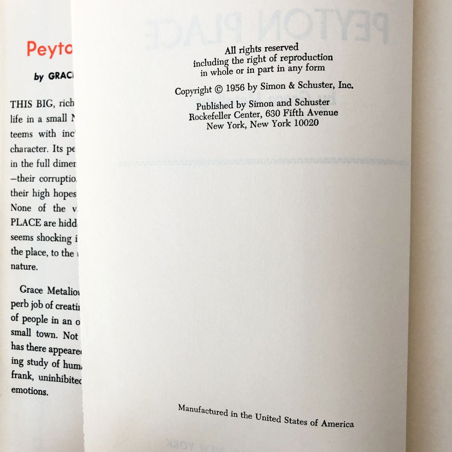 Peyton Place by Grace Metalious [FIRST BOOK CLUB EDITION / 1956]