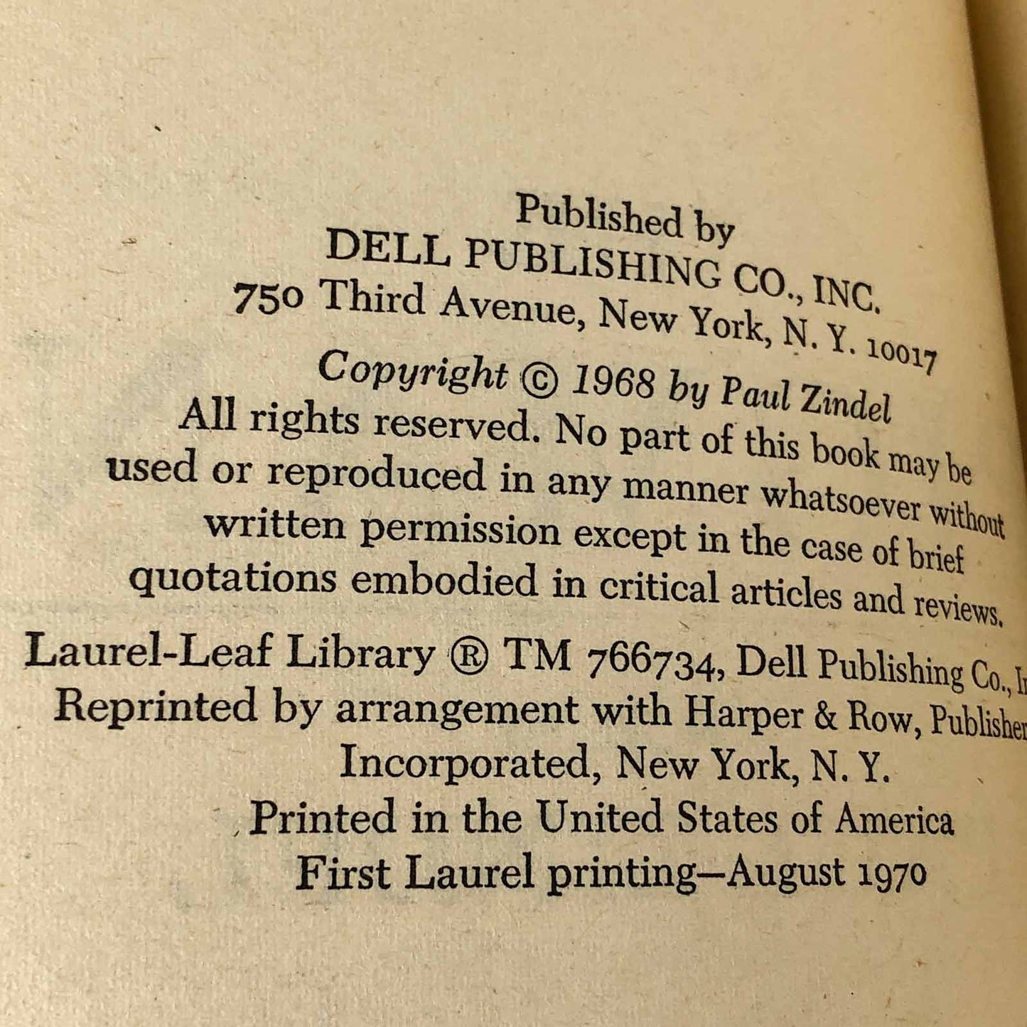 The Pigman by Paul Zindel [FIRST PAPERBACK PRINTING] 1970 • Laurel-Leaf