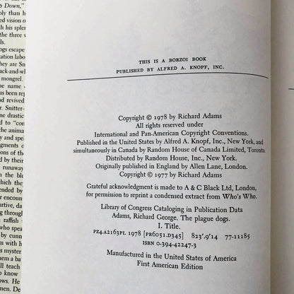 The Plague Dogs by Richard Adams [FIRST EDITION / FIRST PRINTING] 1978