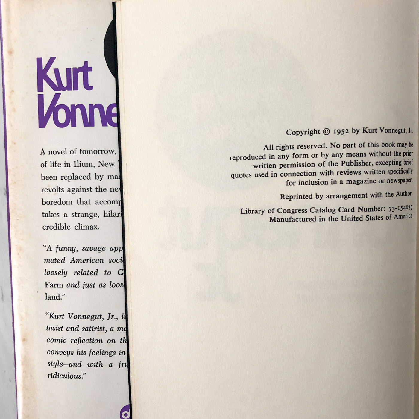 Player Piano by Kurt Vonnegut [DELACORTE BOOK CLUB EDITION / 1973]