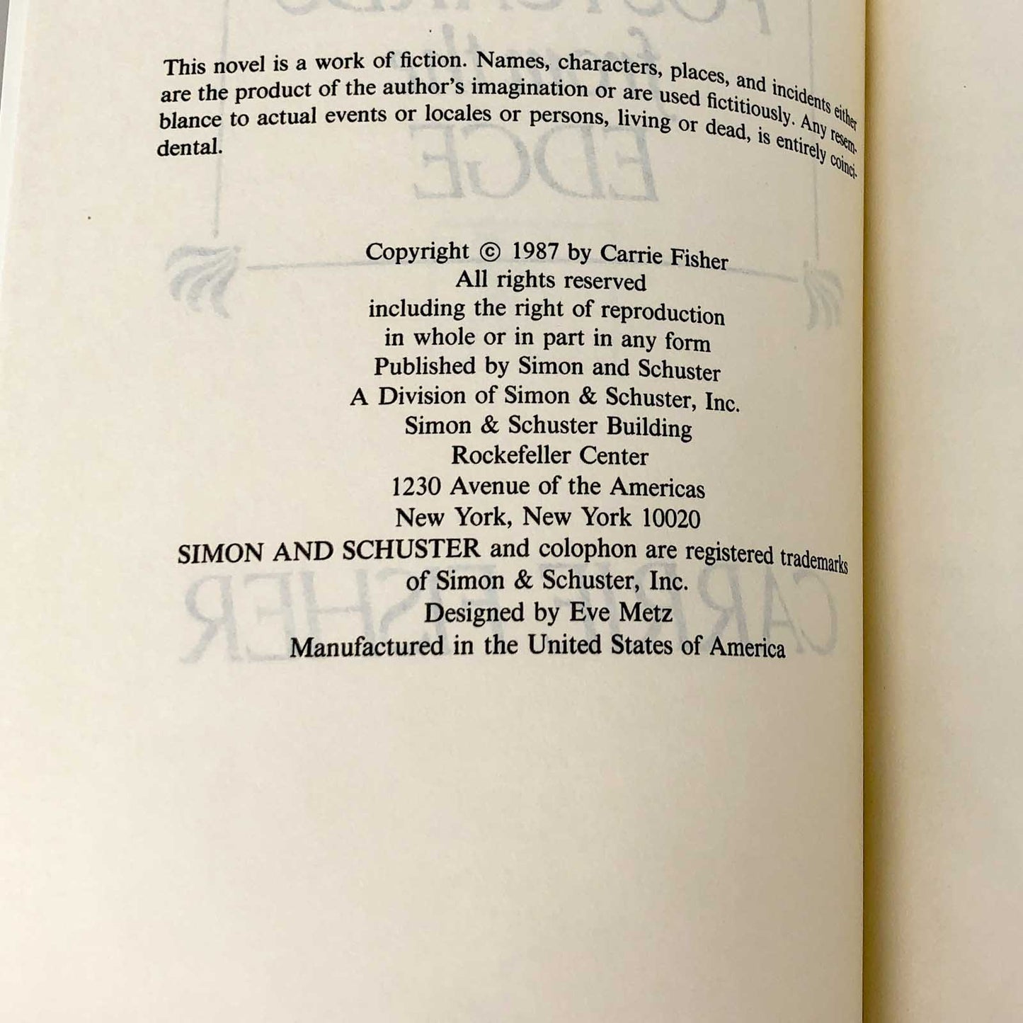 Postcards from the Edge by Carrie Fisher [1987 HARDCOVER]