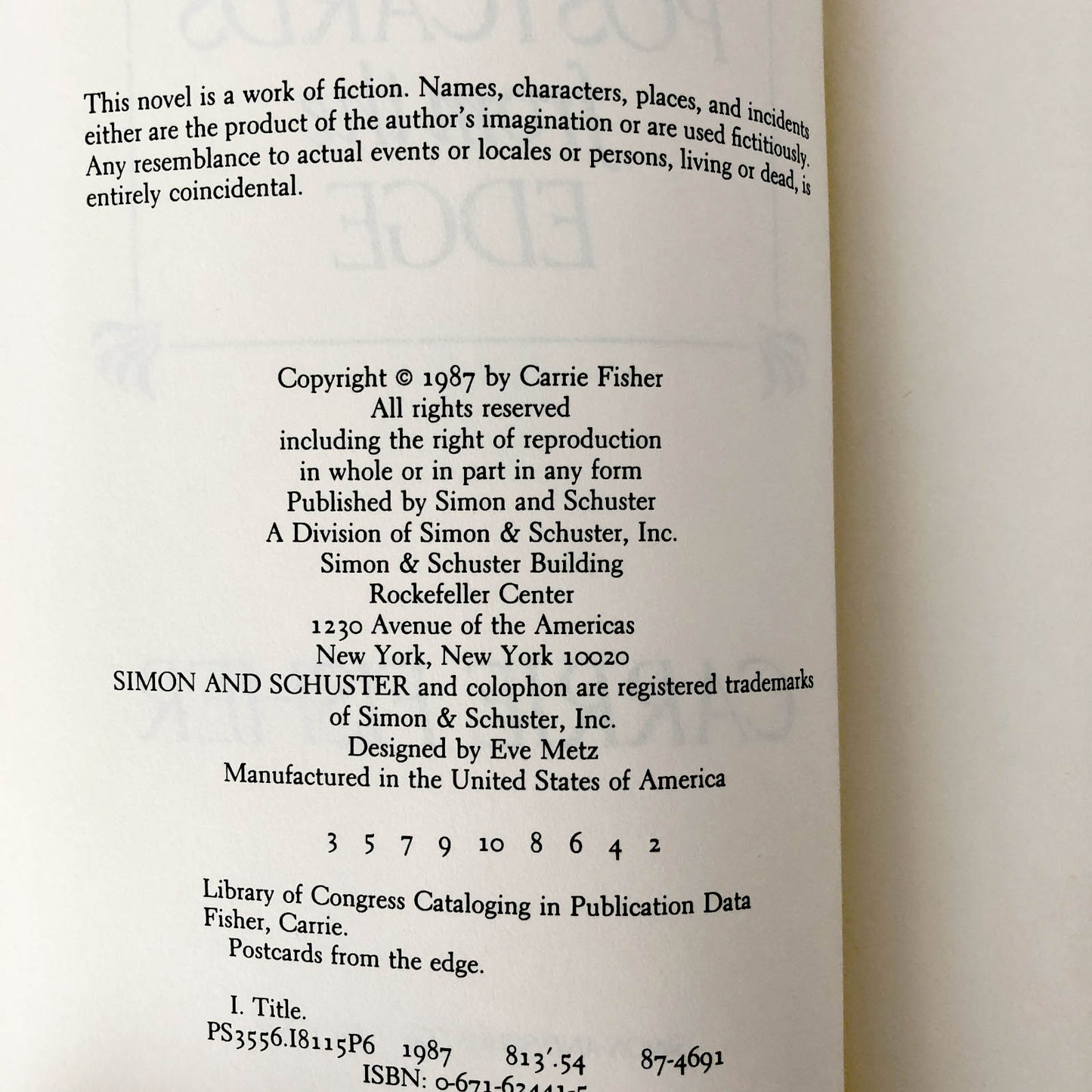 Postcards from the Edge by Carrie Fisher [FIRST EDITION] 1987 • Simon & Schuster