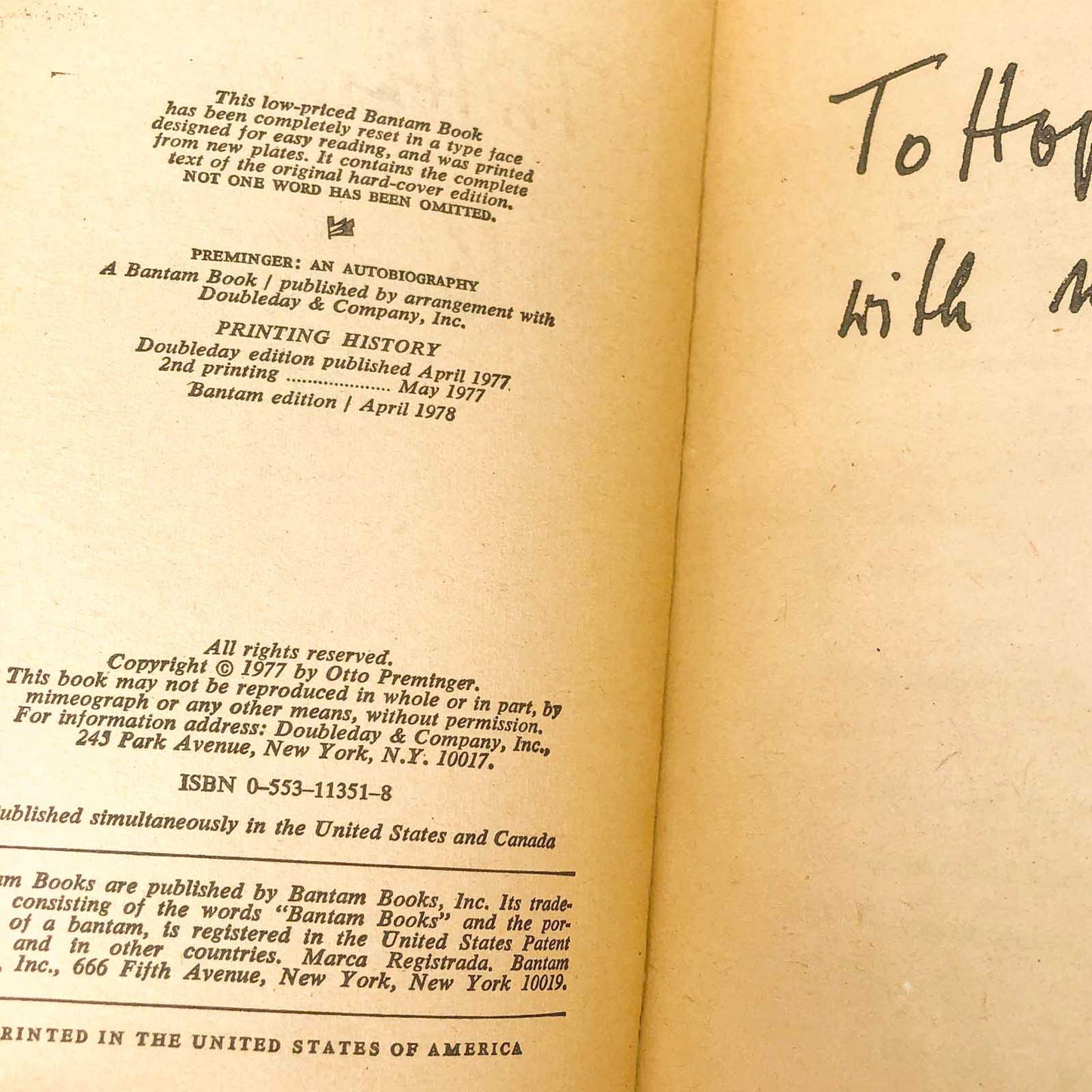 Preminger: An Autobiography by Otto Preminger [FIRST PAPERBACK PRINTING] 1979