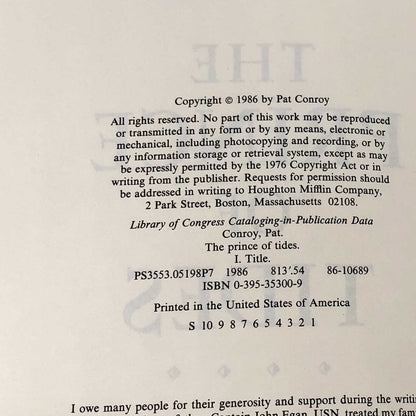 The Prince of Tides by Pat Conroy SIGNED! [FIRST EDITION • FIRST PRINTING] 1986