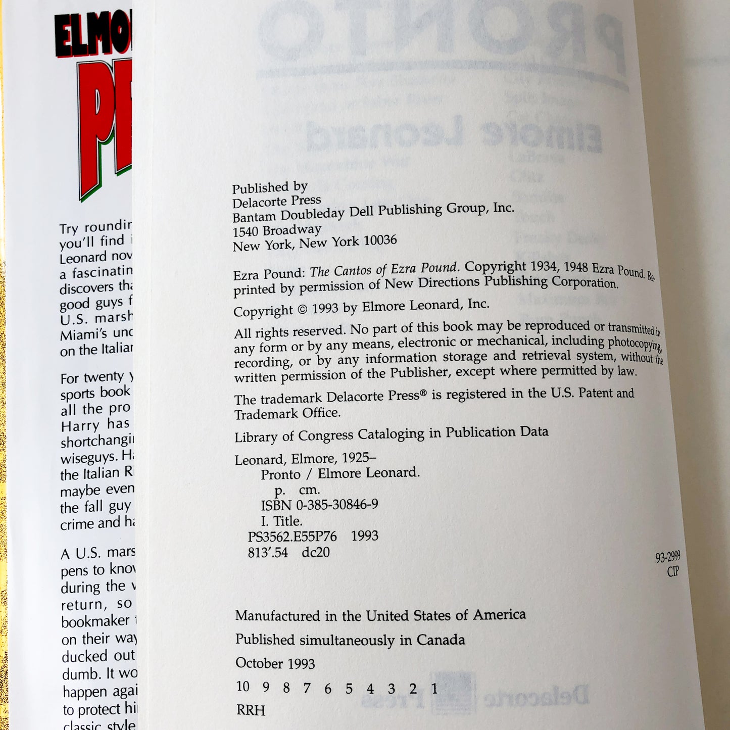 Pronto by Elmore Leonard [FIRST EDITION / FIRST PRINTING] 1993